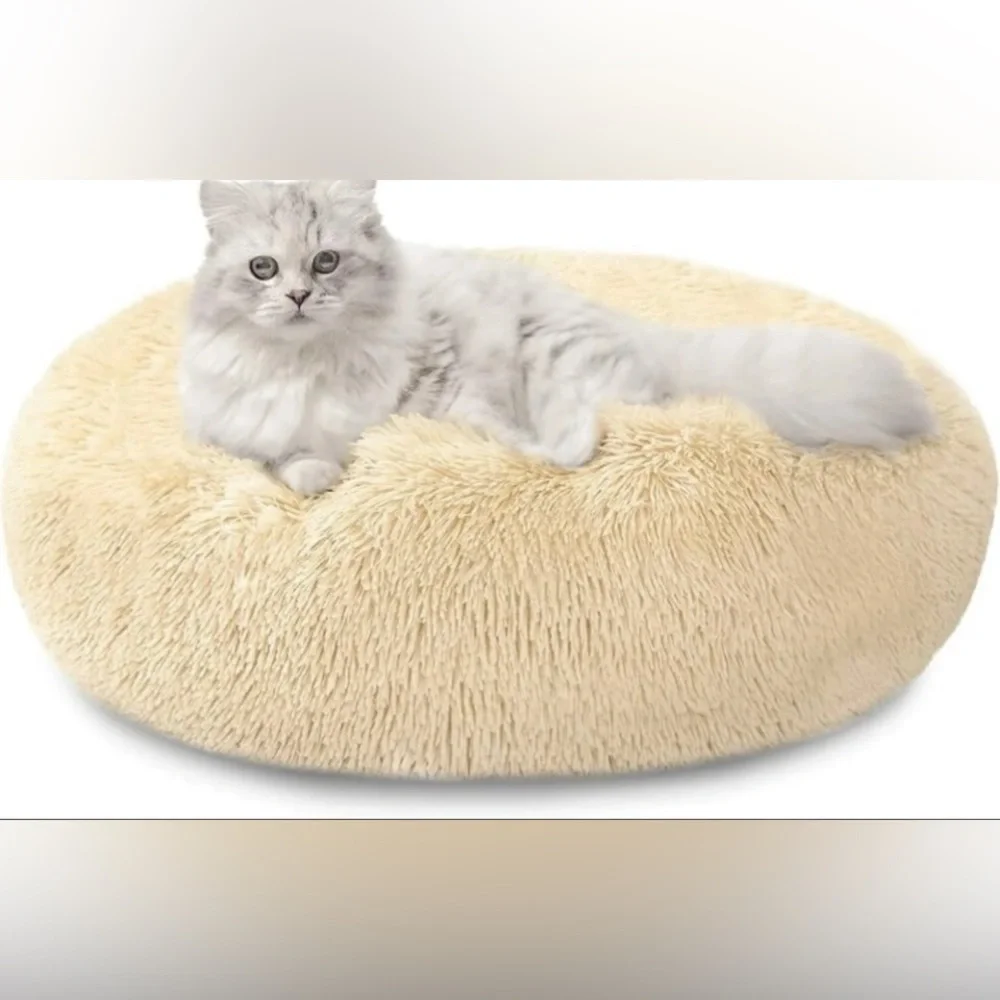 Calming Dog Cat Donut Bed Washable Fluffy Cream 20in (50cm)